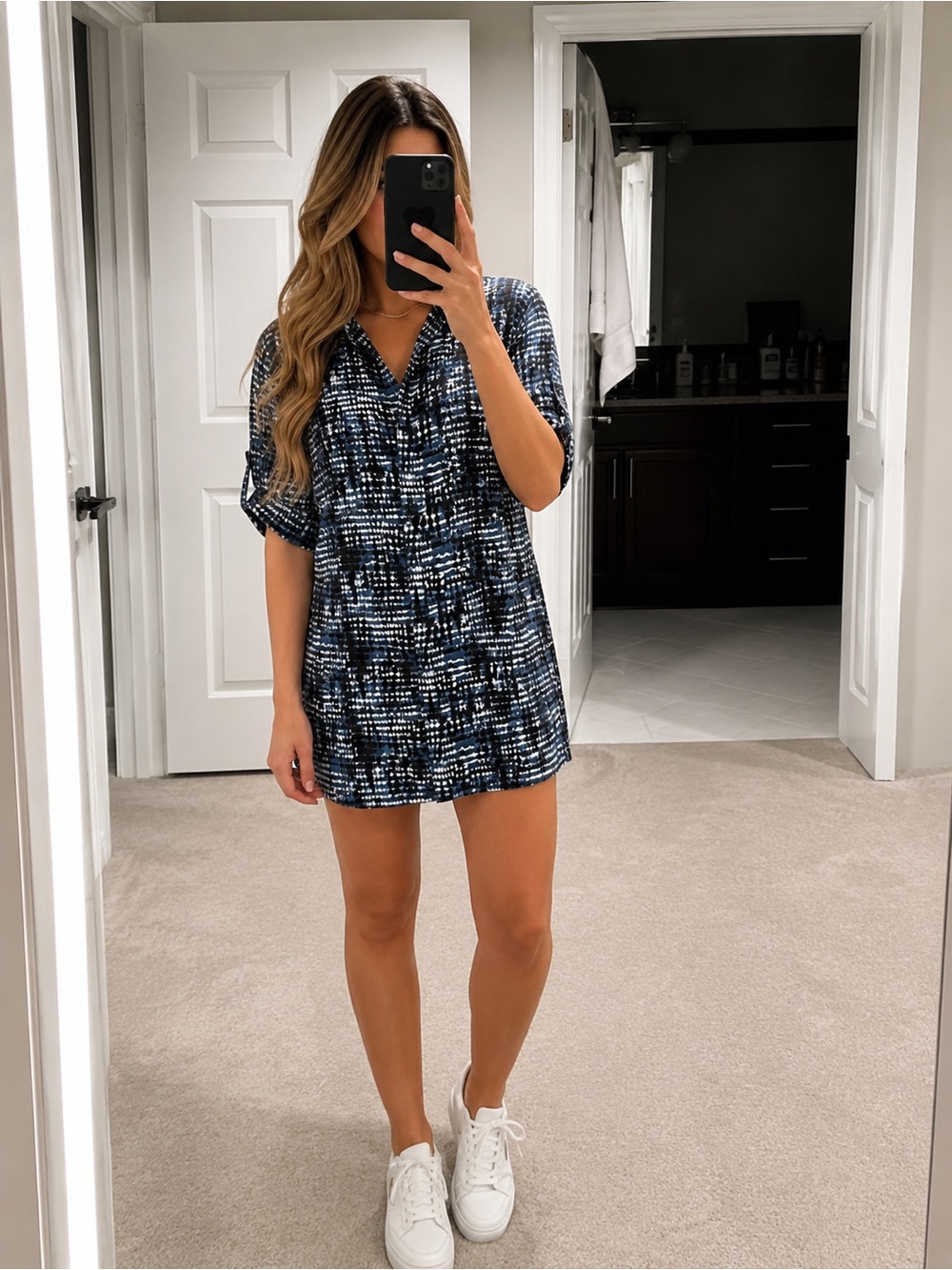 Blue and Black Printed V-Neck Tunic Dress